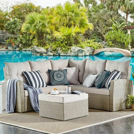 KD CAMA DE BEBE Canaan All-Weather Wicker Outdoor Double Loveseat Sectional Sofa - Cream KD3239649